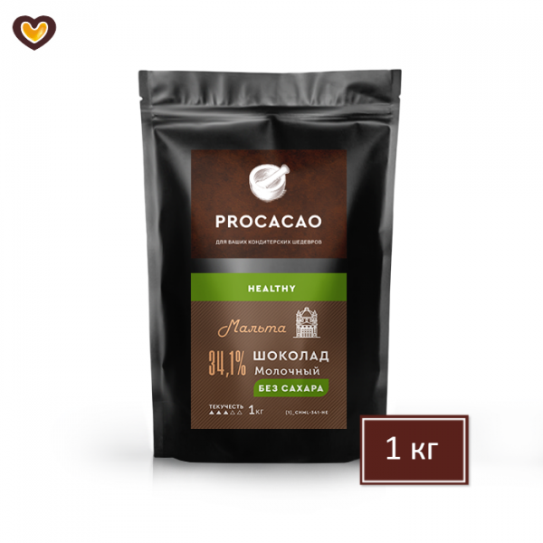Шоколад молочный без сахара PROCACAO HEALTHY Мальта 34,1%, пак 1 кг