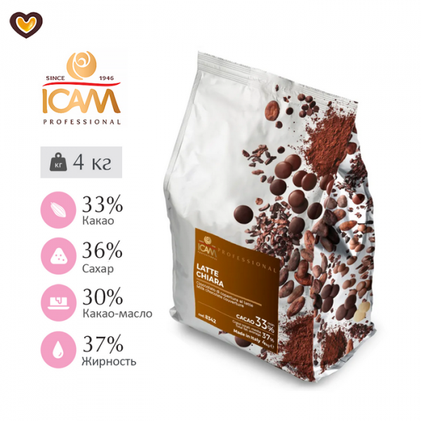 Шоколад молочный ICAM Chiara 33%, пак 4 кг Шоколад молочный ICAM Chiara 33%, пак 4 кг