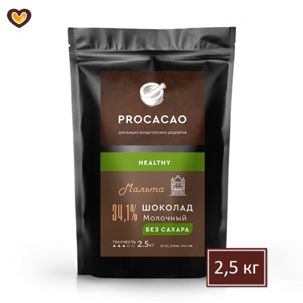 Шоколад молочный без сахара PROCACAO HEALTHY Мальта 34,1%, пак 2,5 кг