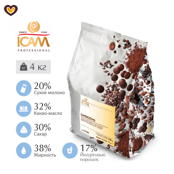 Шоколад белый ICAM с йогуртом 38%, пак 4 кг